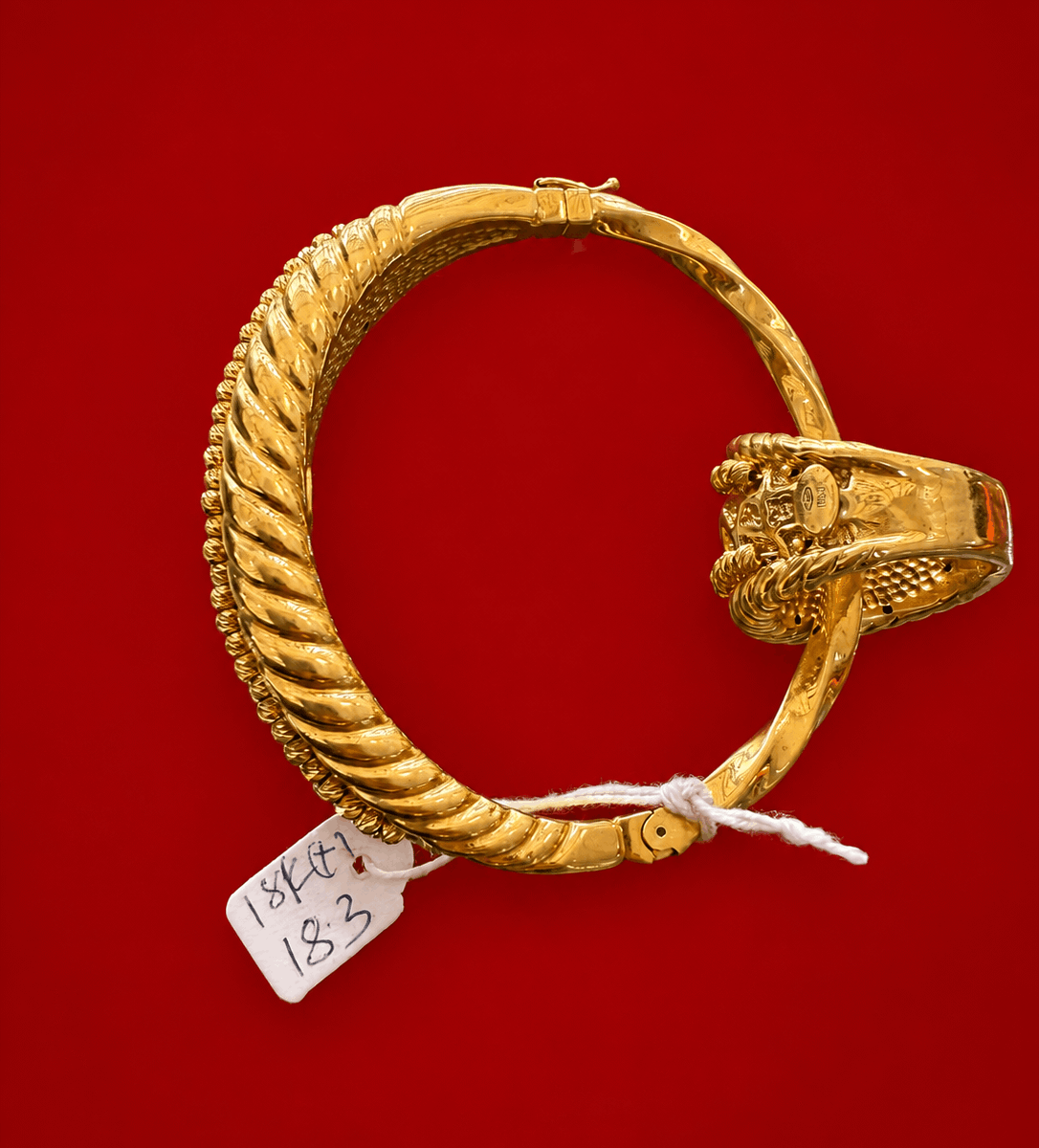 18K Gold Rope Twist Bangle with Statement Ring – 18.3g