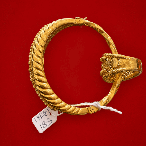 18K Gold Rope Twist Bangle with Statement Ring – 18.3g