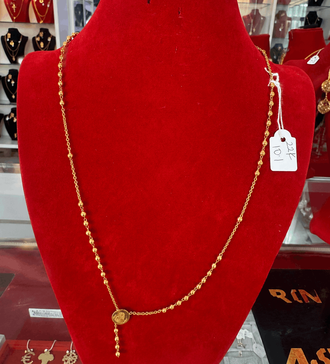 22K Gold Beaded Station Y-Necklace with Oval Medallion – 10.1g